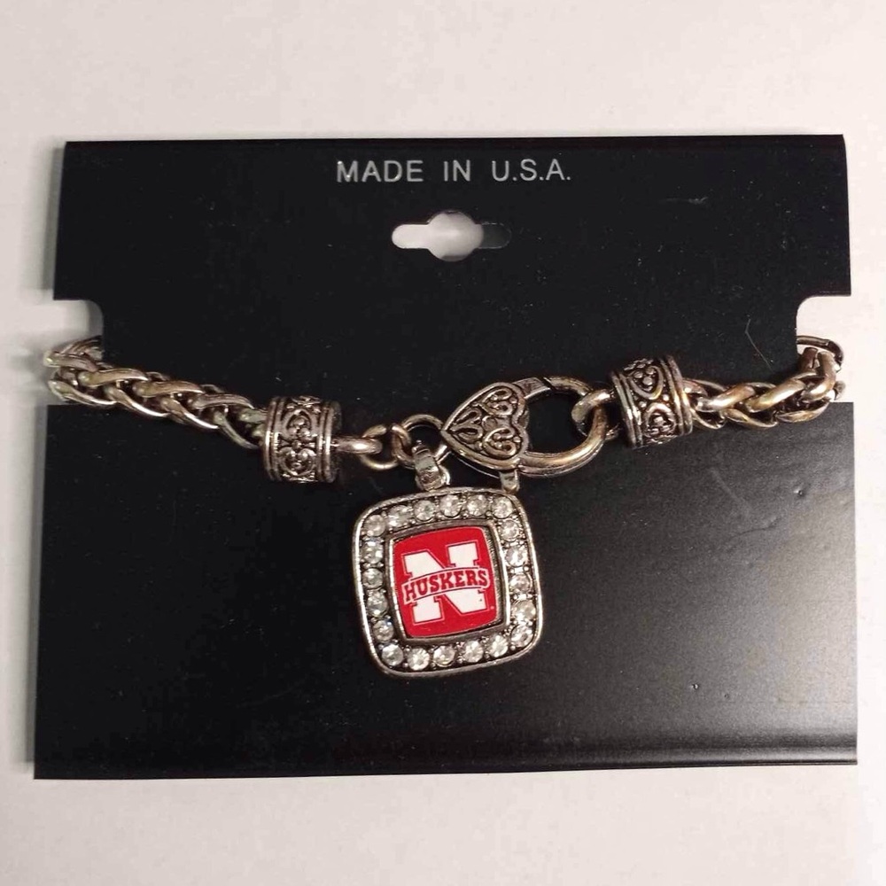 NEBRASKA CORNHUSKERS Bracelet Classic Braided Rhinestone Charm New with Gift Bag